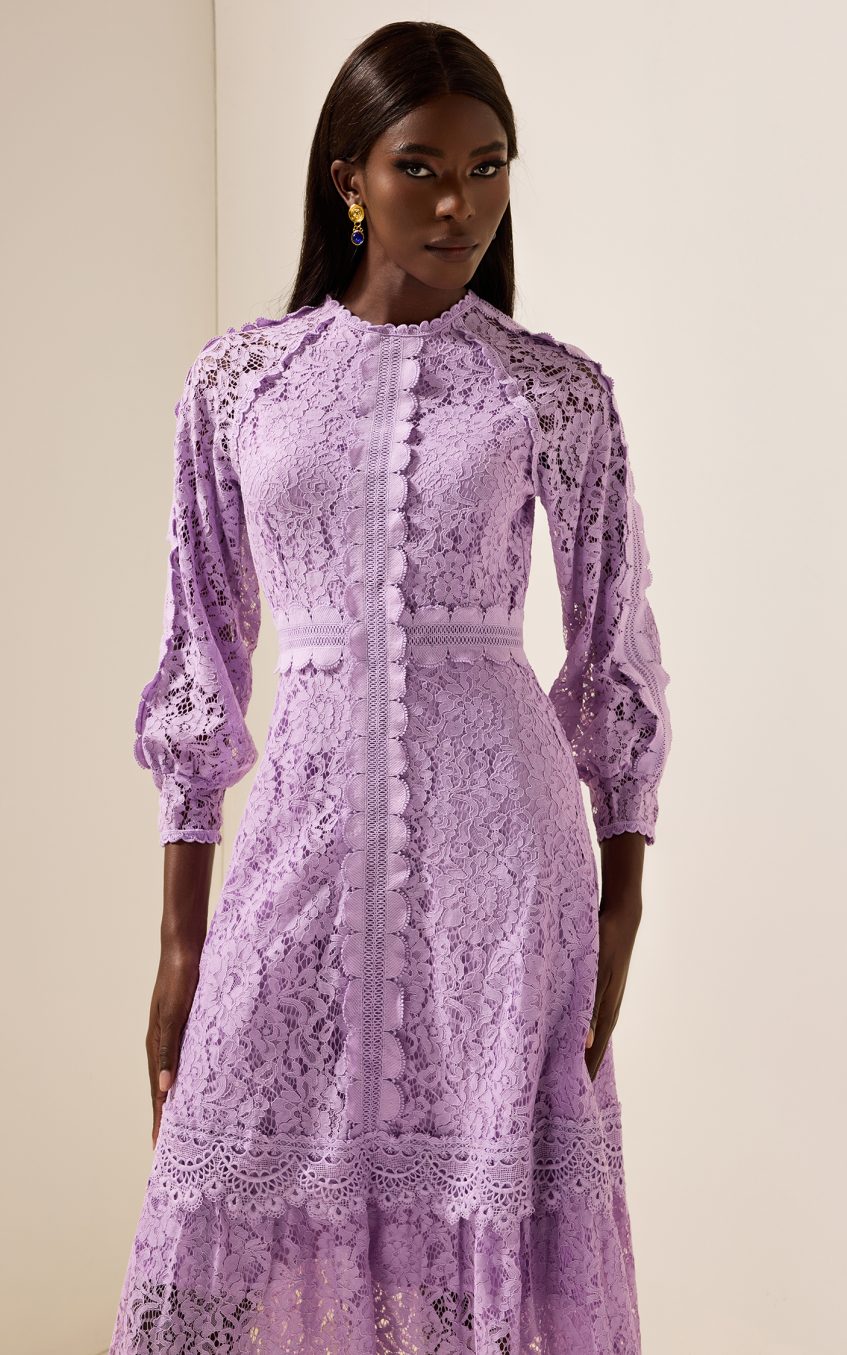 Solid Embroidered Frill Midi Dress