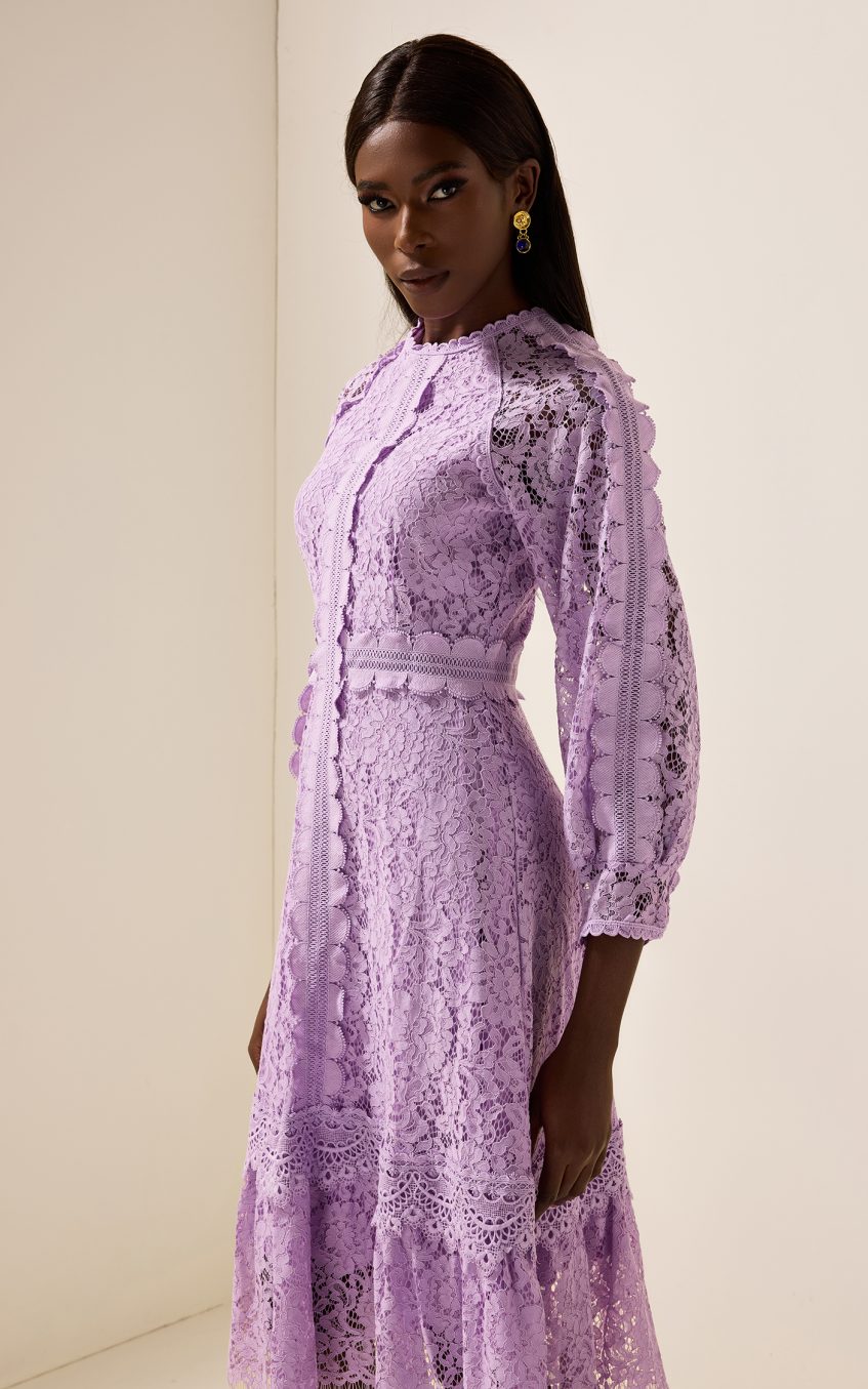 Solid Embroidered Frill Midi Dress