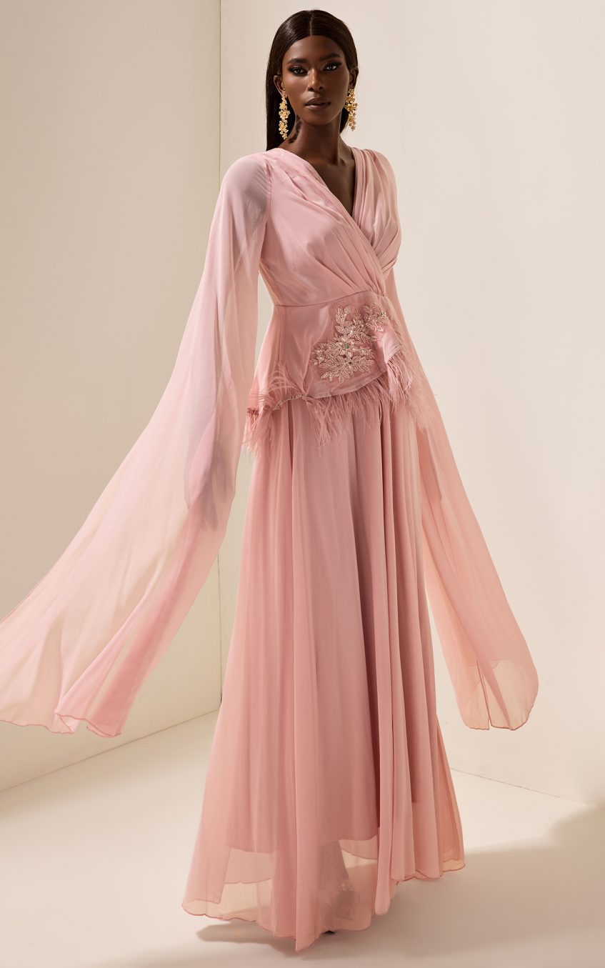 Solid Embroidered Feather Maxi Dress