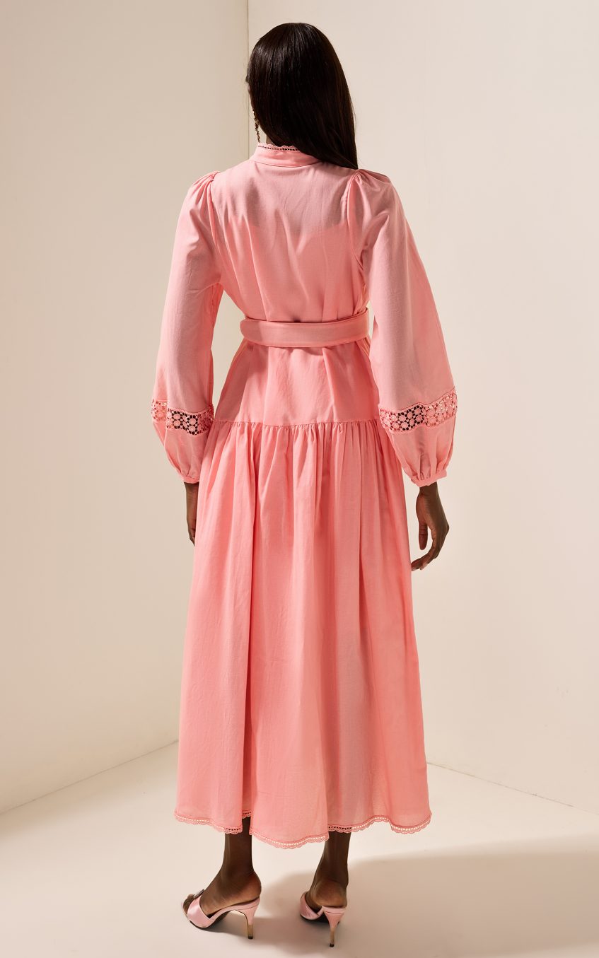 Solid Lantern Sleeve With Belt Midi Dress