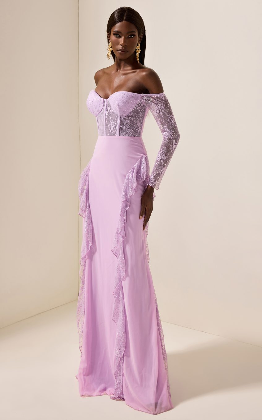 Lace Solid Off-Shoulder Maxi Dress