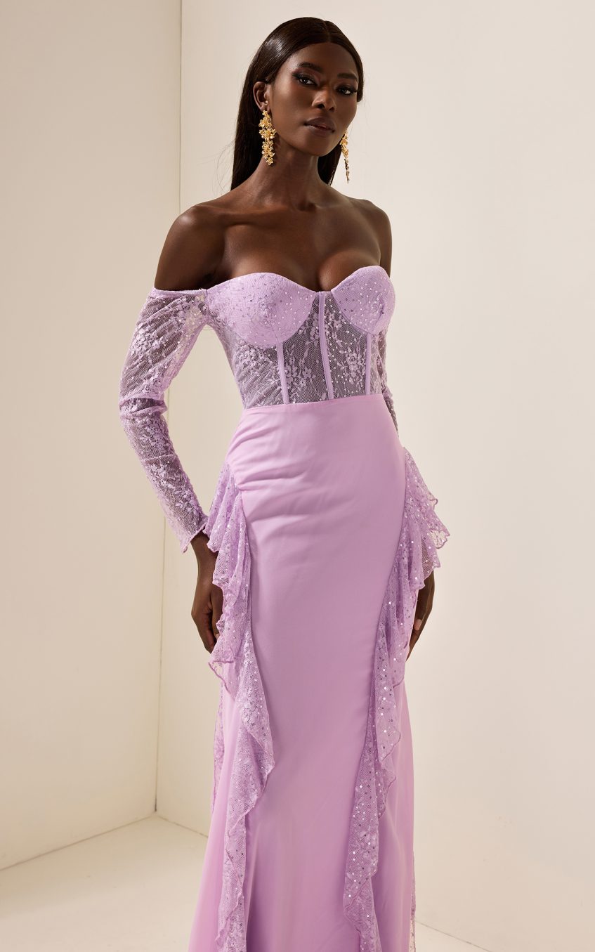 Lace Solid Off-Shoulder Maxi Dress