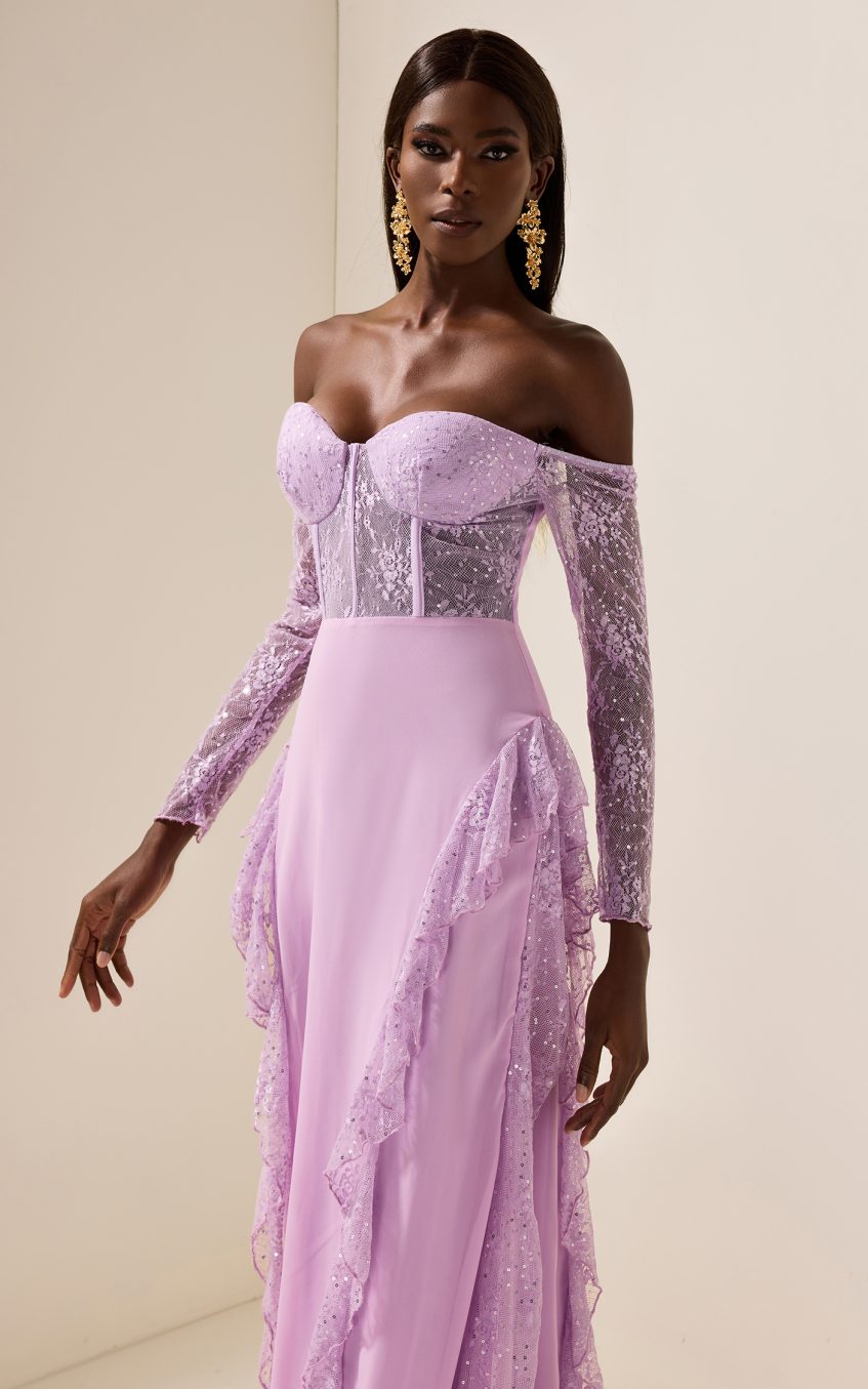 Lace Solid Off-Shoulder Maxi Dress