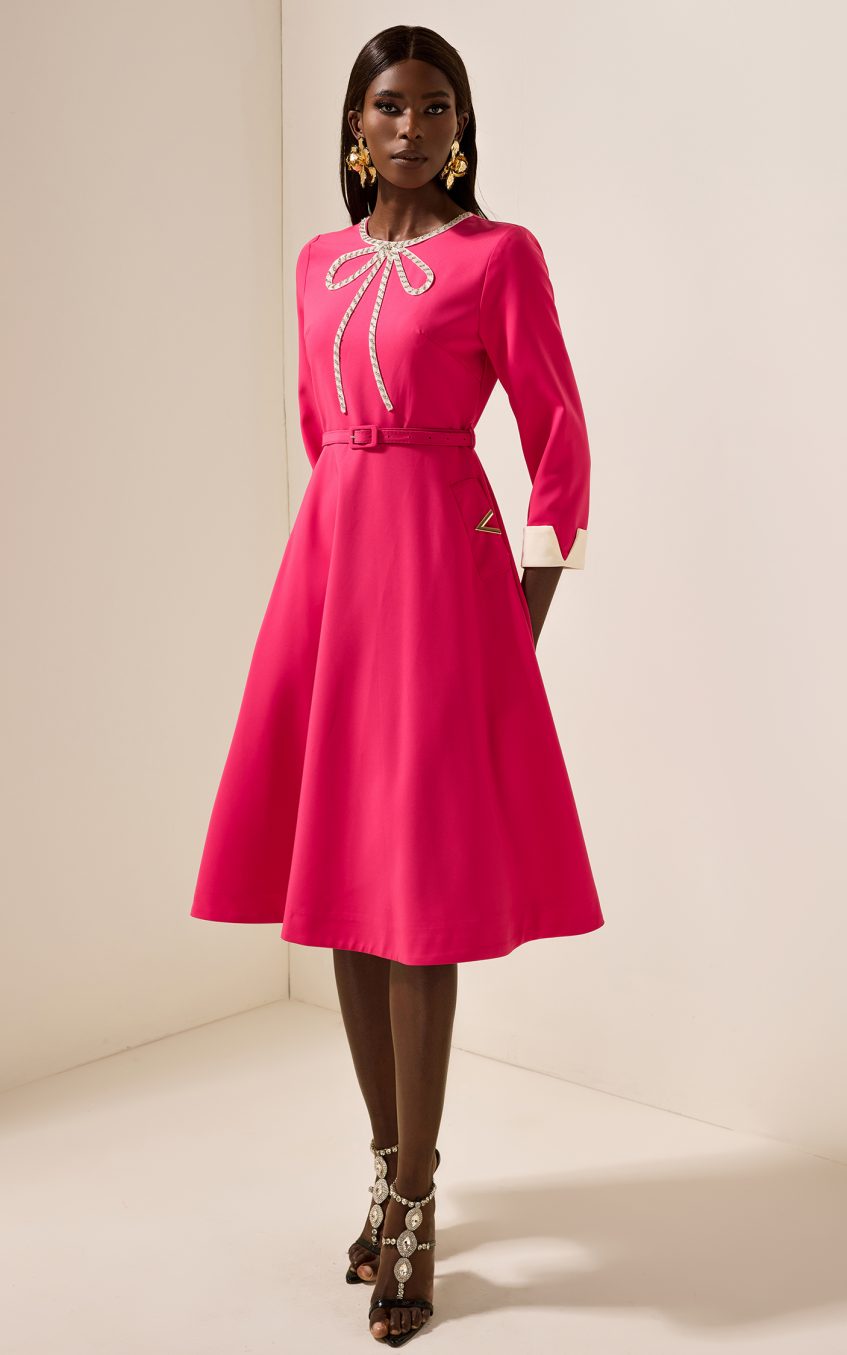 Solid Rhinestone Midi Dress With Belt