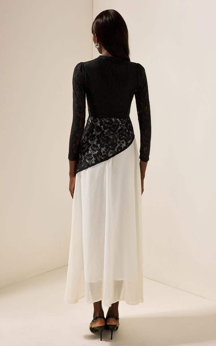 Lace Splicing Chiffon V-Neck Midi Dress