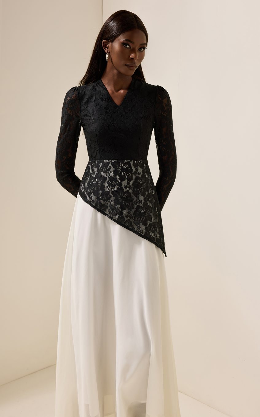 Lace Splicing Chiffon V-Neck Midi Dress