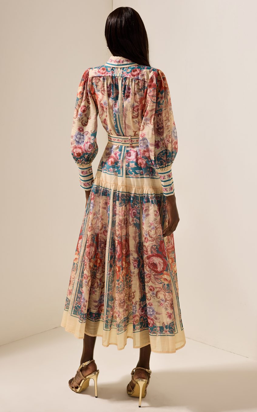 Shirt Collar Floral Lantern Sleeve Midi Dress