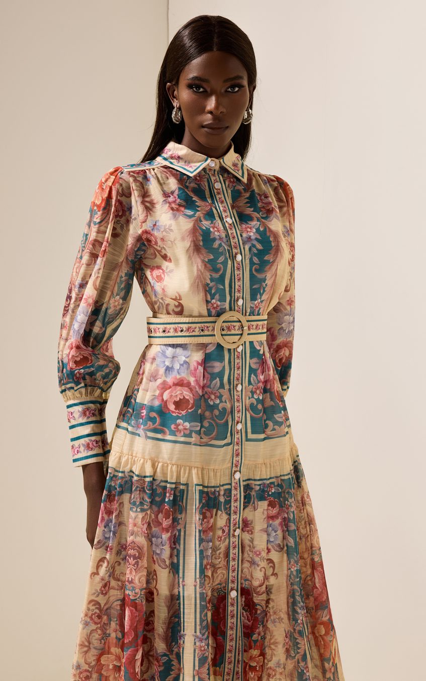 Shirt Collar Floral Lantern Sleeve Midi Dress