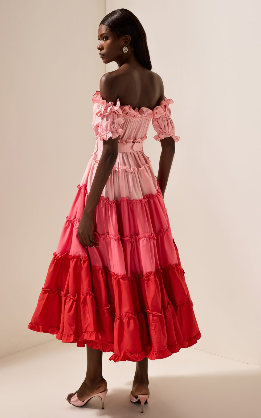 Contrast Color Off-Shoulder Frill Midi Dress