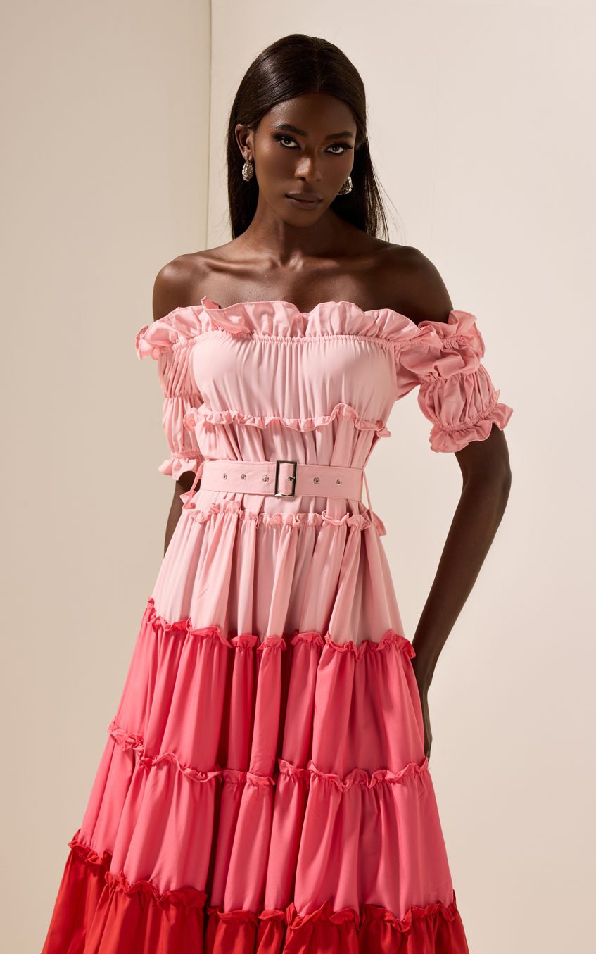 Contrast Color Off-Shoulder Frill Midi Dress