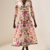 Floral Lantern Sleeve V-Neck Midi Dress