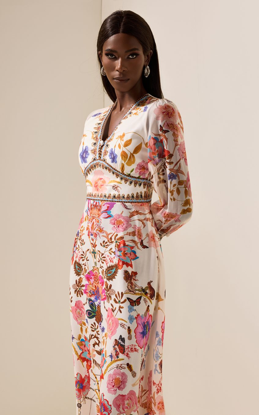 Floral Lantern Sleeve V-Neck Midi Dress