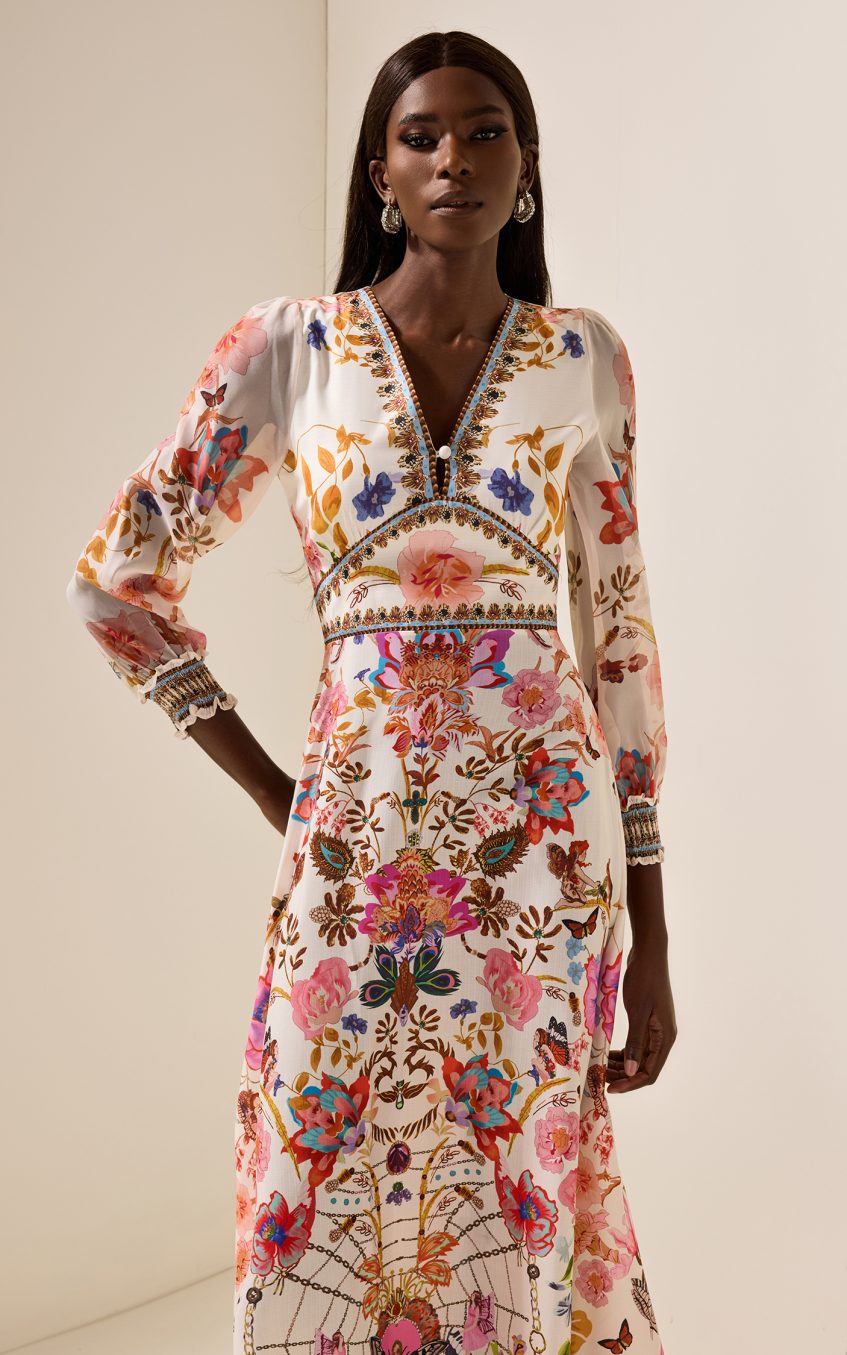 Floral Lantern Sleeve V-Neck Midi Dress