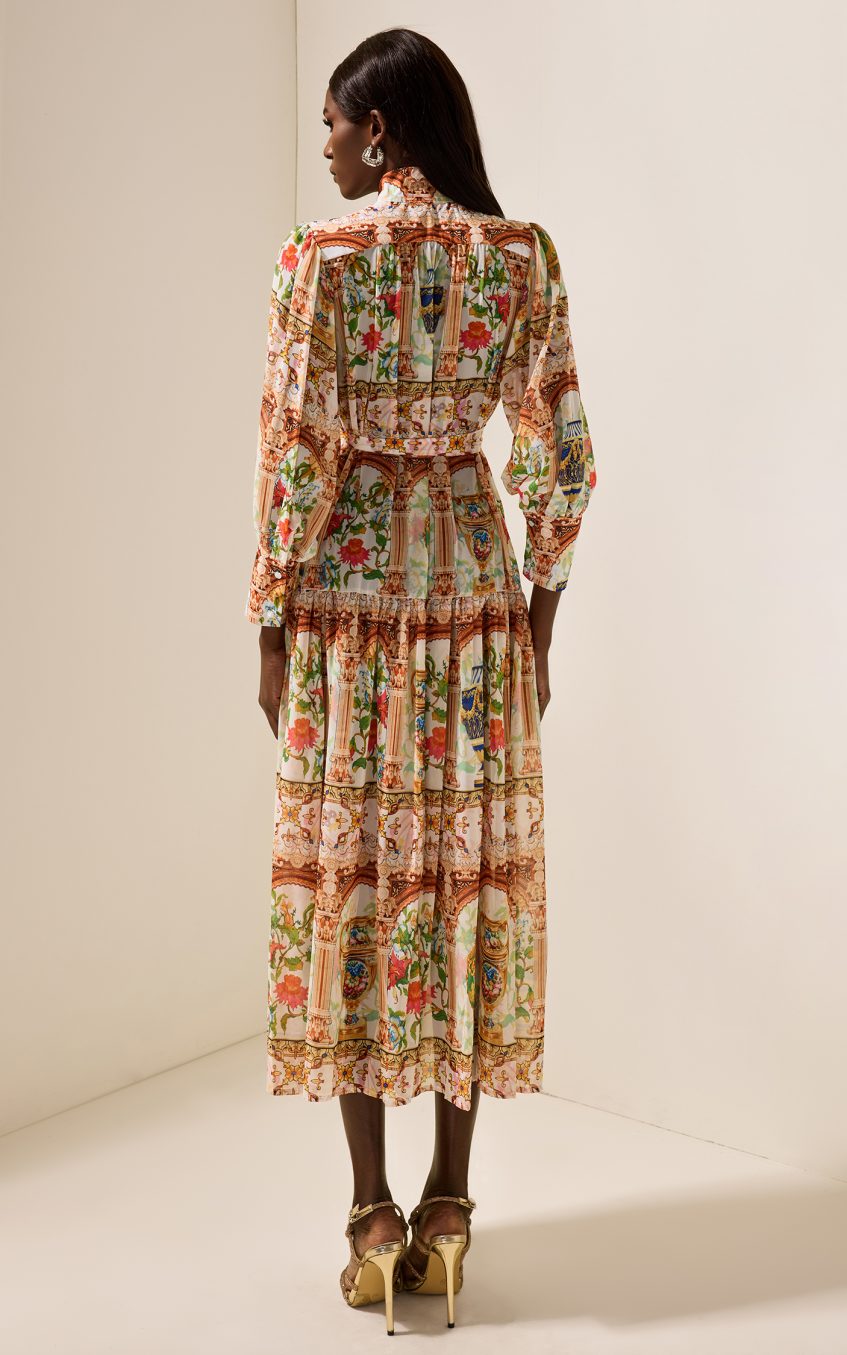 Palace Print Stand Collar Midi Dress With Belt