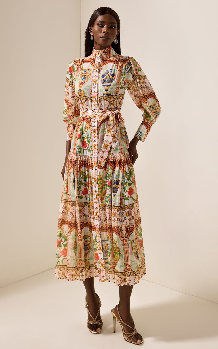 Palace Print Stand Collar Midi Dress With Belt
