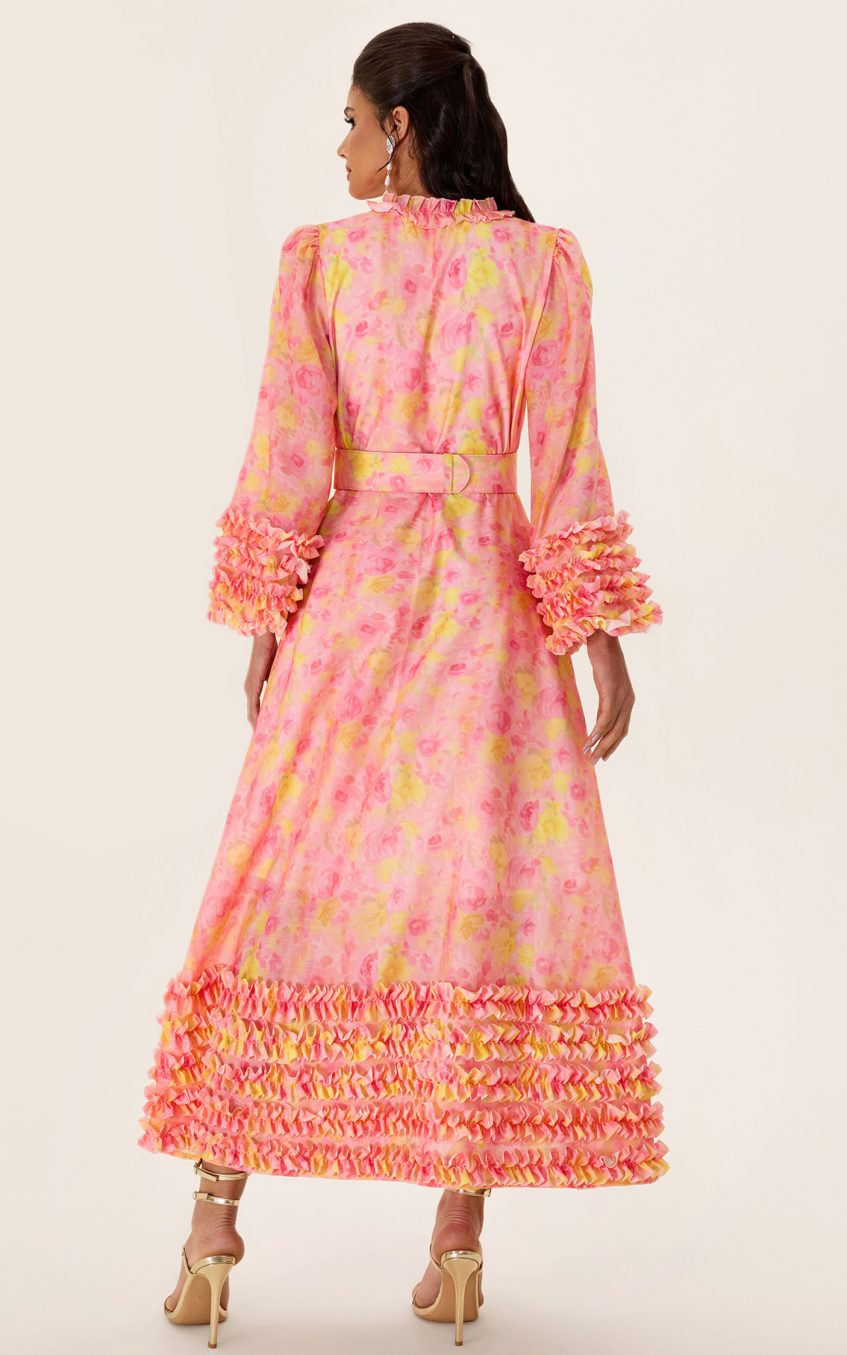 Floral Long Sleeve V-Neck Midi Dress With Belt