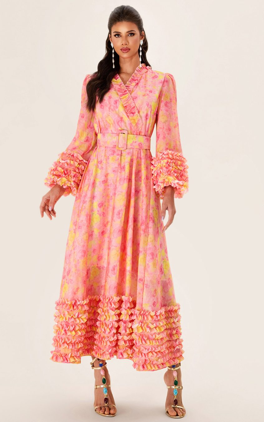 Floral Long Sleeve V-Neck Midi Dress With Belt