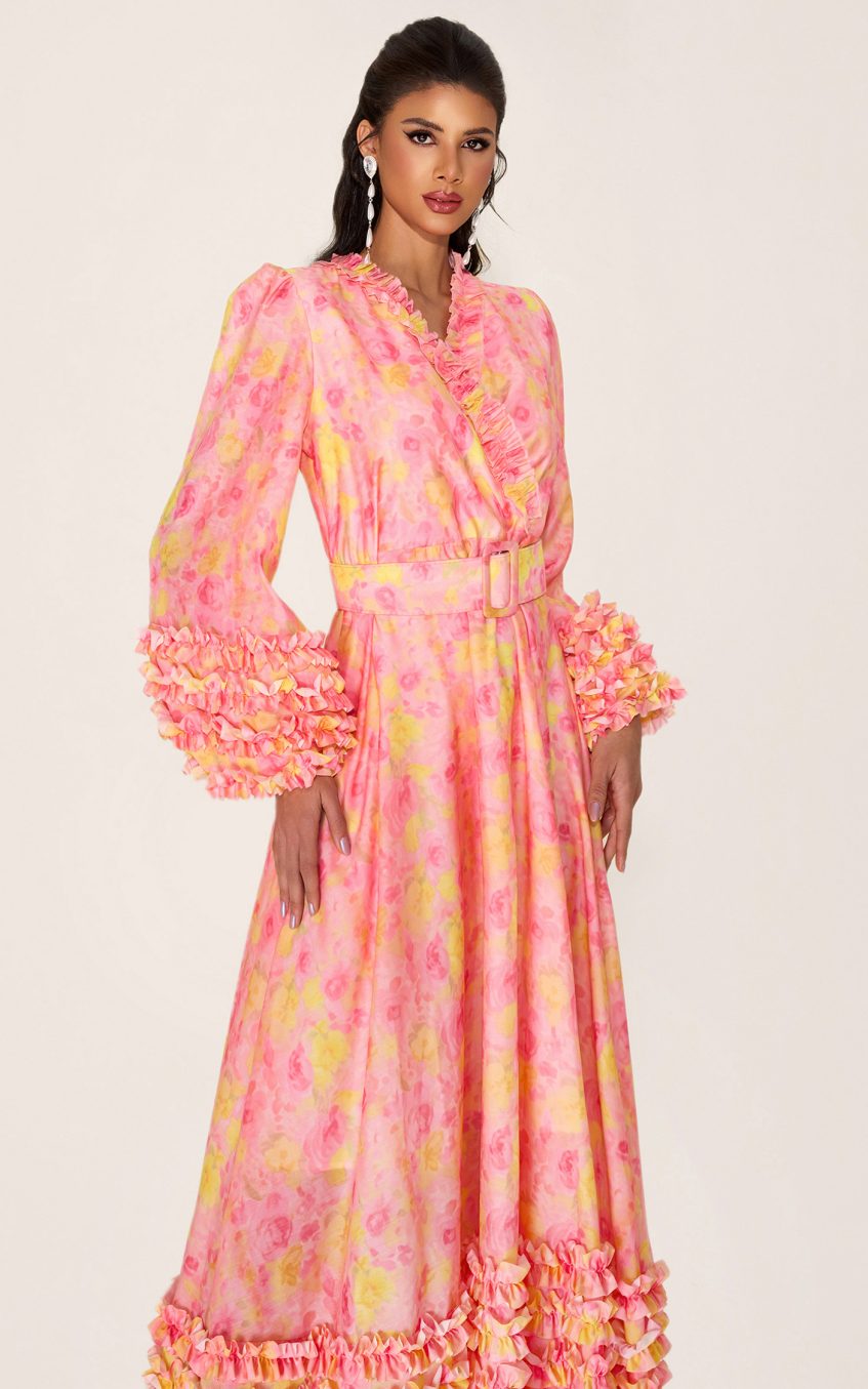 Floral Long Sleeve V-Neck Midi Dress With Belt