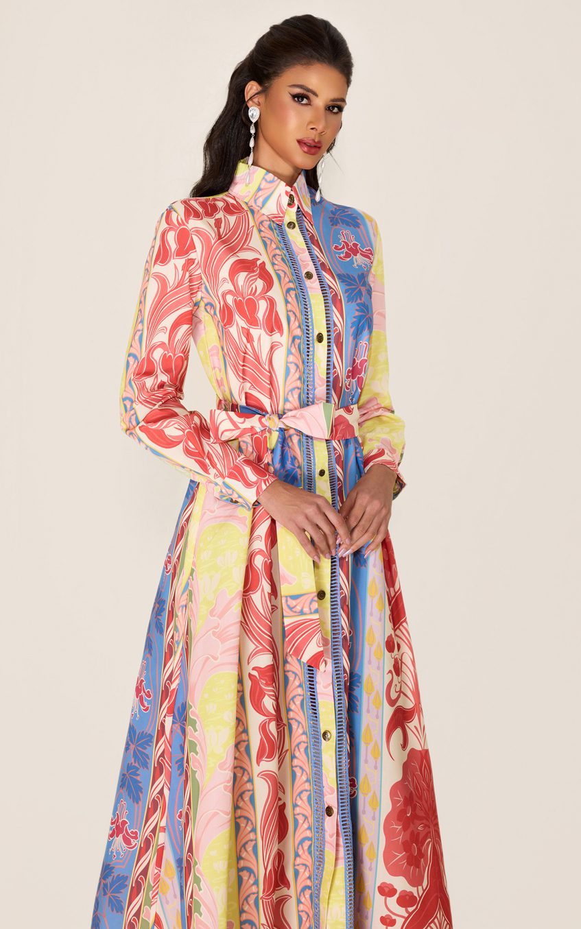 Botanical Print Long Sleeve Midi Dress