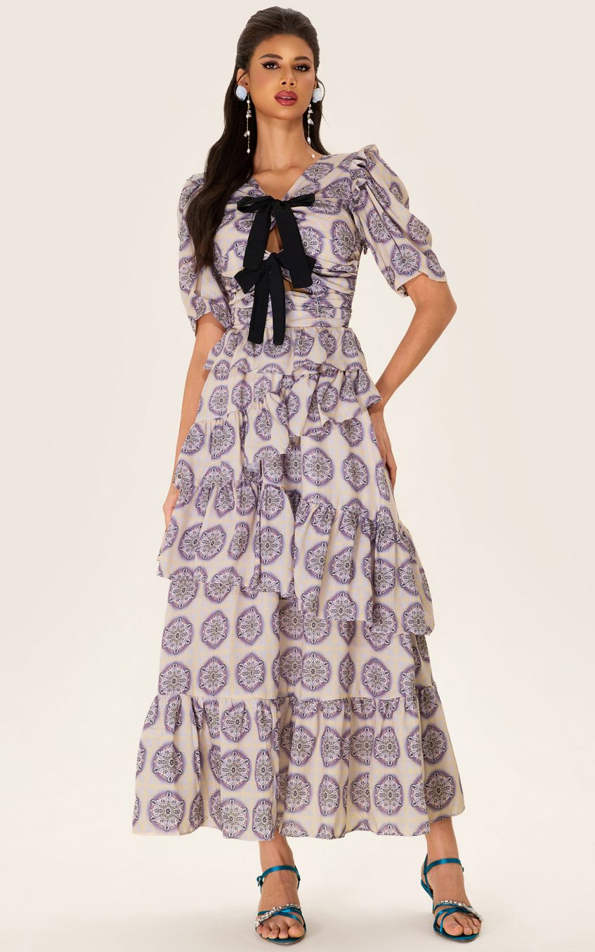 Ruffle Puff Sleeve Bow Midi Dress