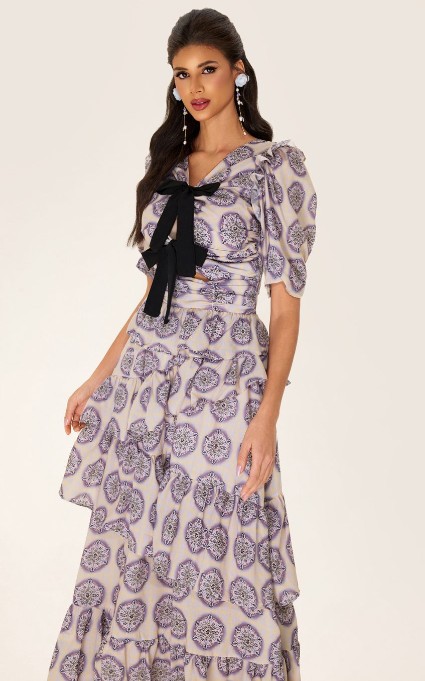 Ruffle Puff Sleeve Bow Midi Dress