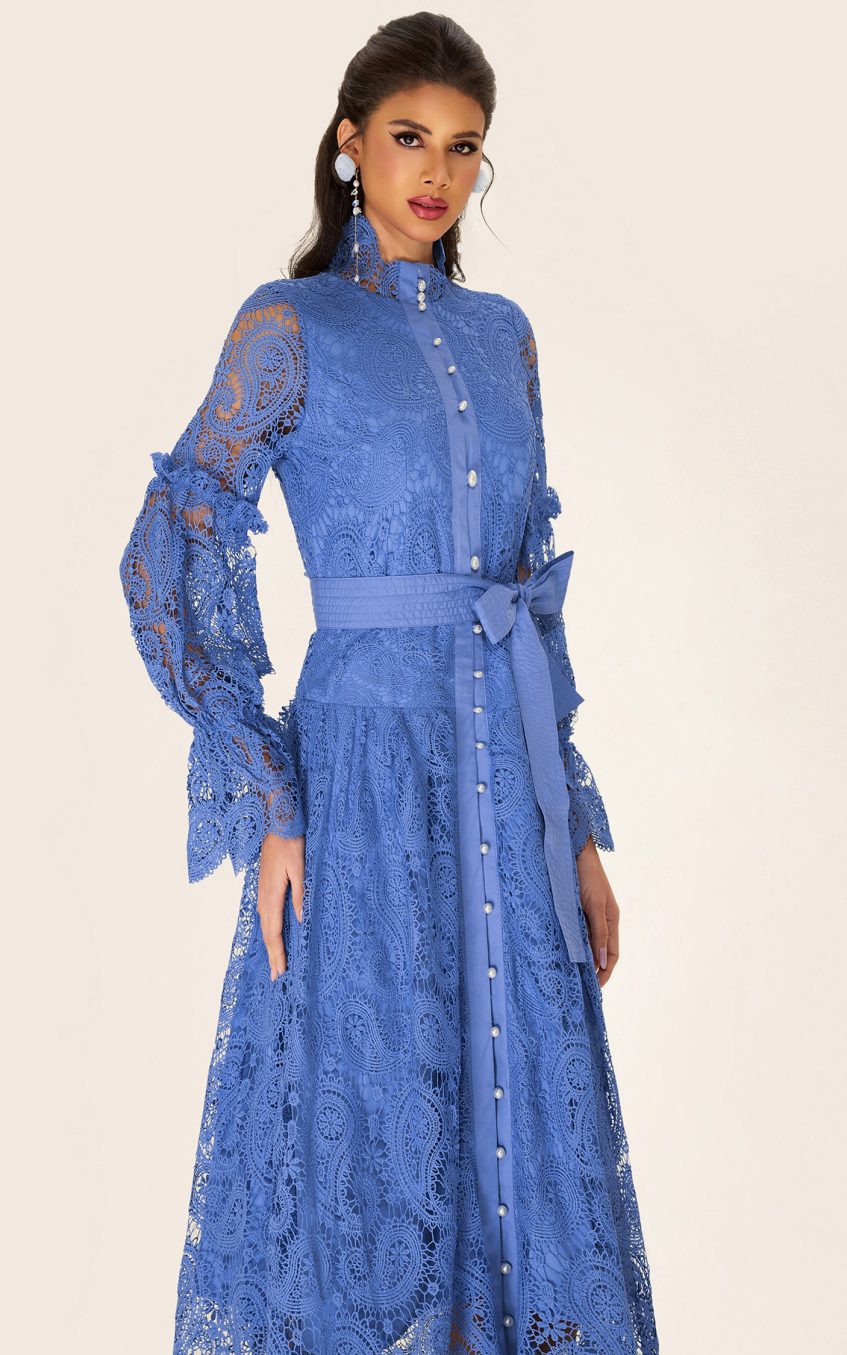 Single Breasted Lace Split Midi Dress