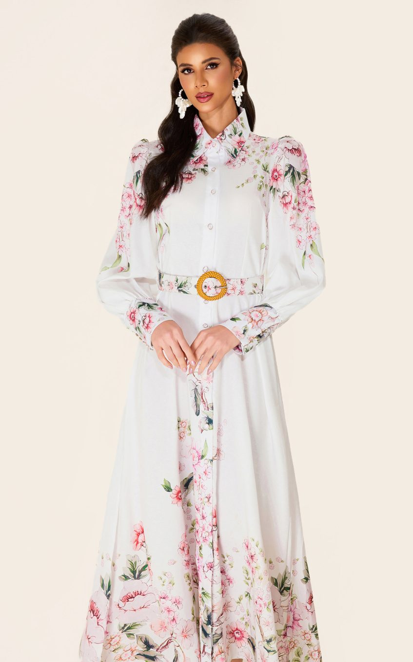 Floral Lantern Sleeve Midi Dress With Belt