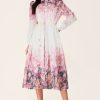Floral Shirt Collar Long Sleeve Midi Dress