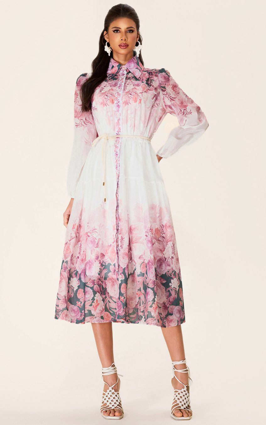 Floral Shirt Collar Long Sleeve Midi Dress