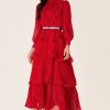 Solid Embroidered Ruffle Stand Collar Maxi Dress
