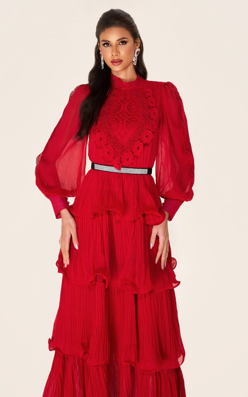 Solid Embroidered Ruffle Stand Collar Maxi Dress