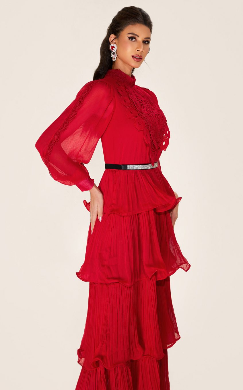 Solid Embroidered Ruffle Stand Collar Maxi Dress