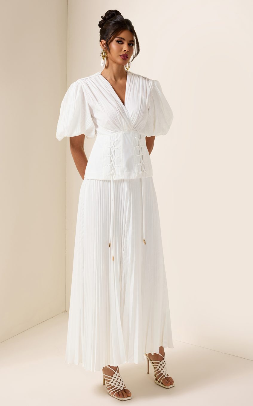 Solid Pleated Lace Up Midi Dress