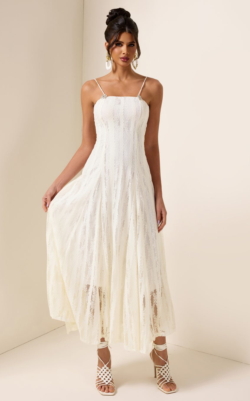 Solid Lace Rhinestone Midi Dress