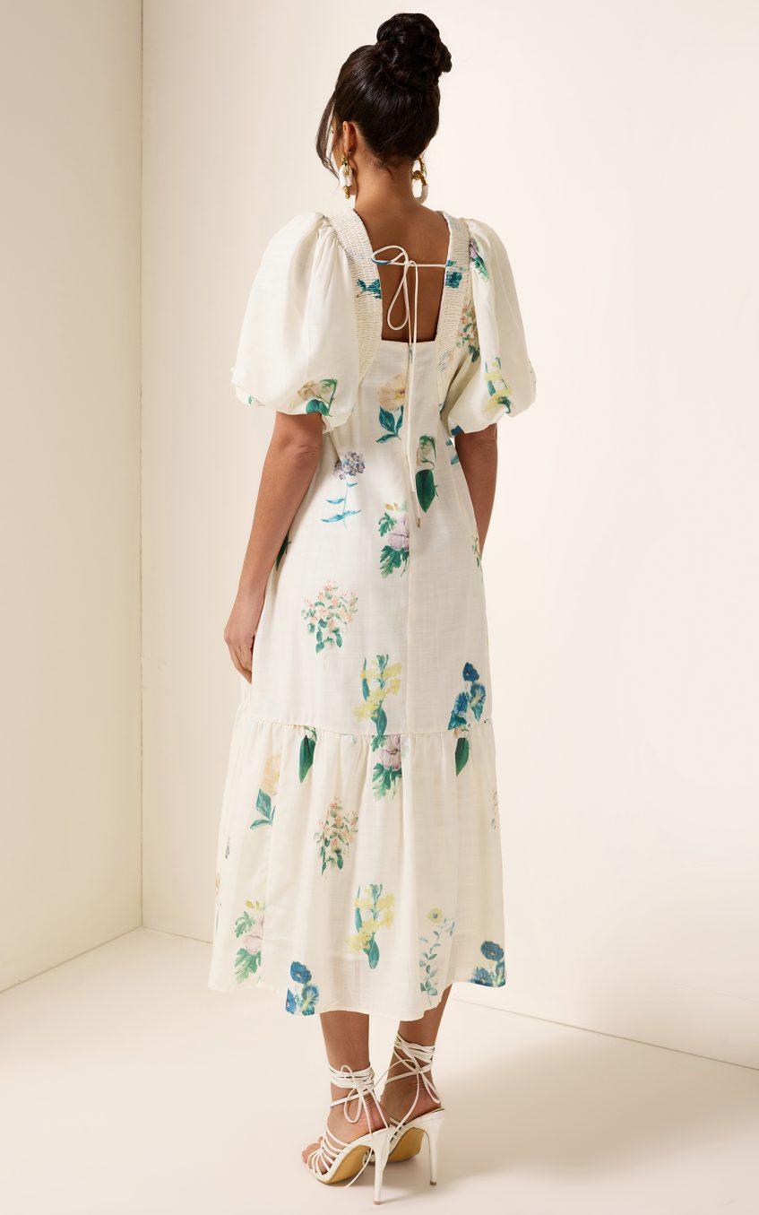 Floral Puff Sleeve Smocking Midi Dress