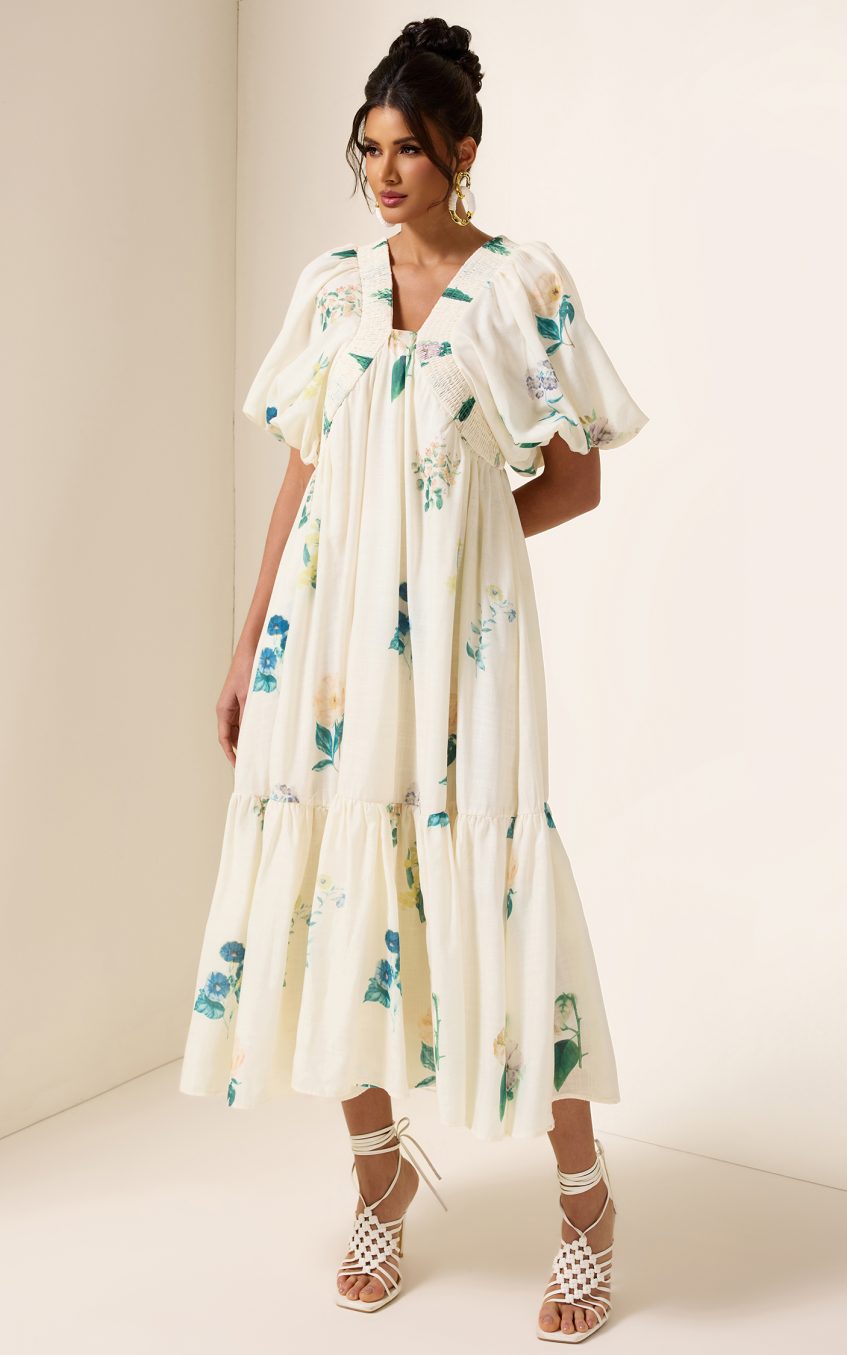 Floral Puff Sleeve Smocking Midi Dress