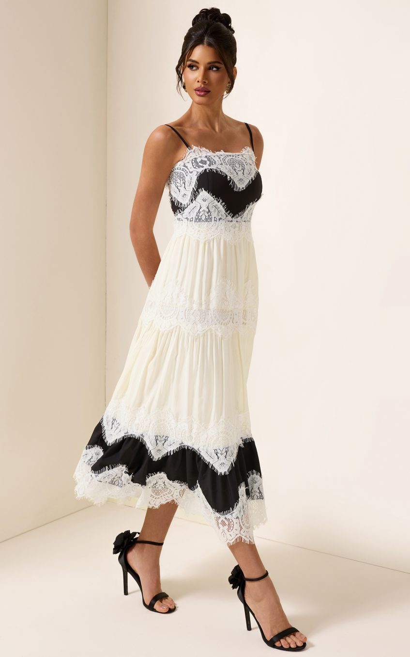 Lace Splicing Square Neck Midi Dress