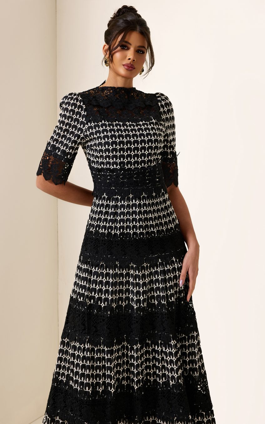 Lace Embroidery Short Sleeve Midi Dress