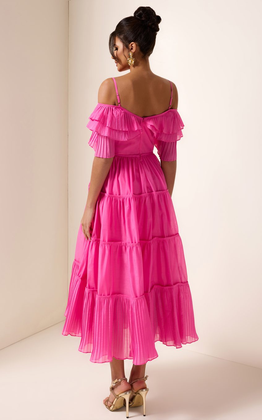 Solid Ruffle Pleat Midi Dress