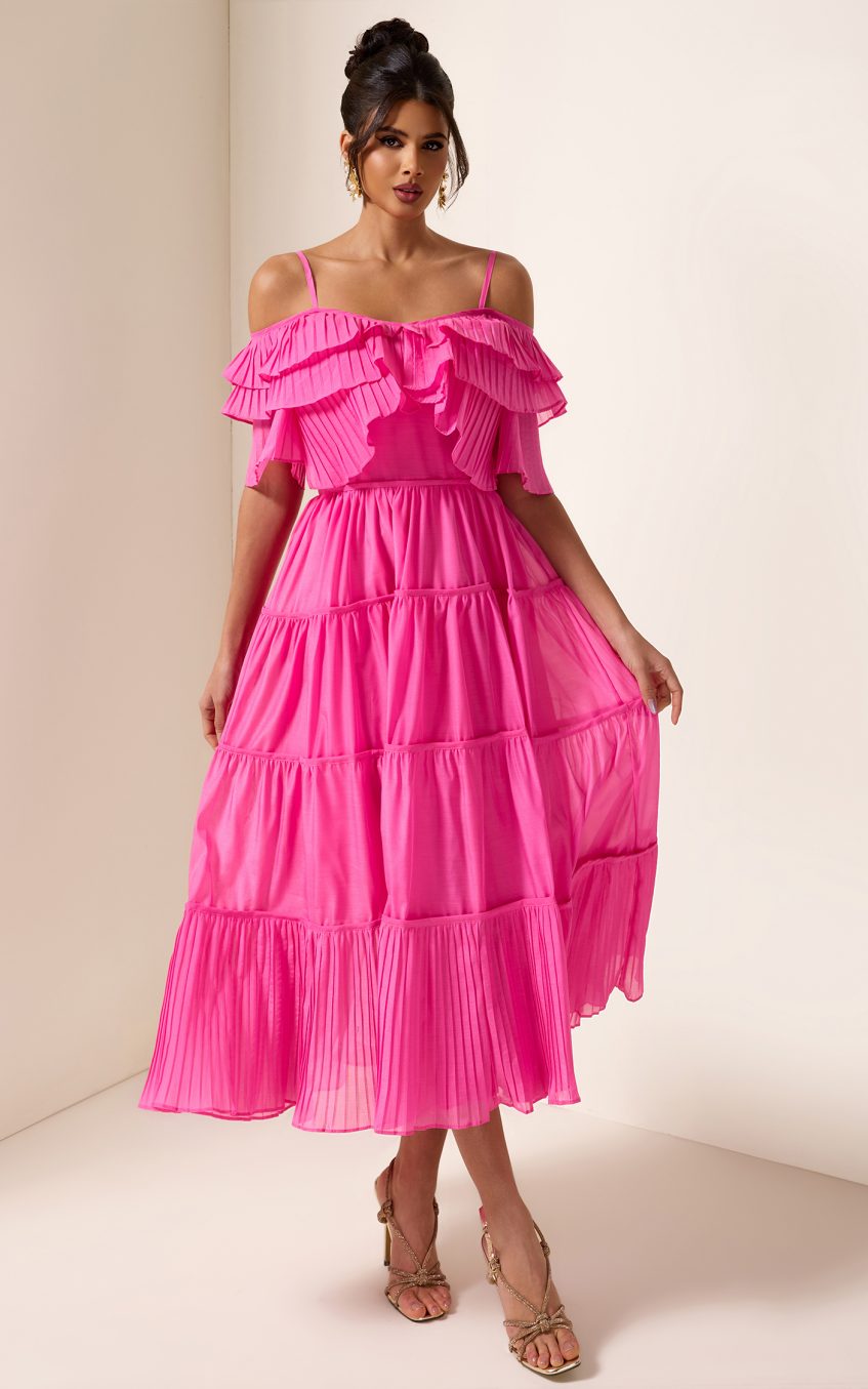 Solid Ruffle Pleat Midi Dress