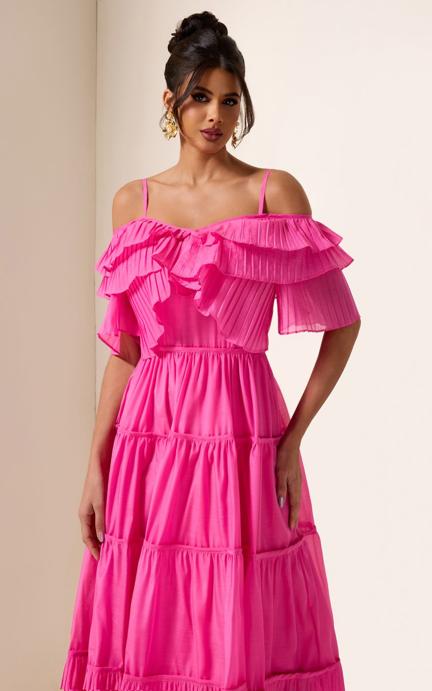 Solid Ruffle Pleat Midi Dress