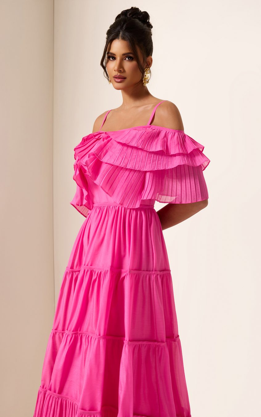 Solid Ruffle Pleat Midi Dress