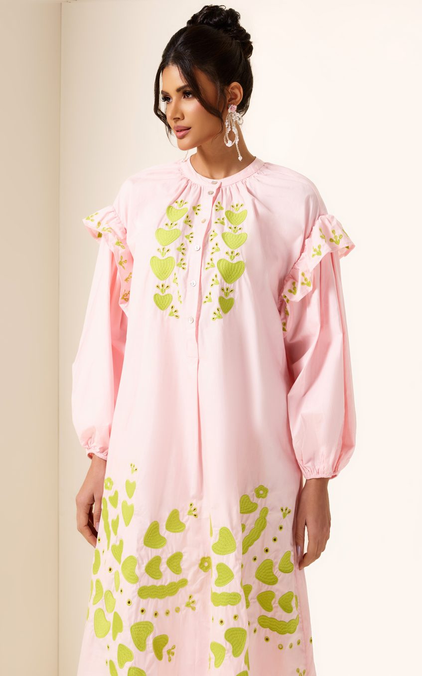 Embroidered Lantern Sleeve Heart Print Midi Dress