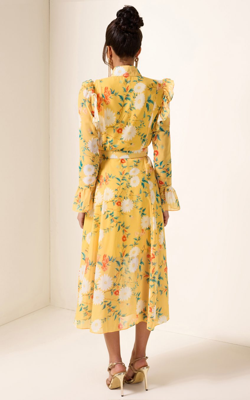 Floral Frill Butterfly Sleeve Midi Dress With Belt