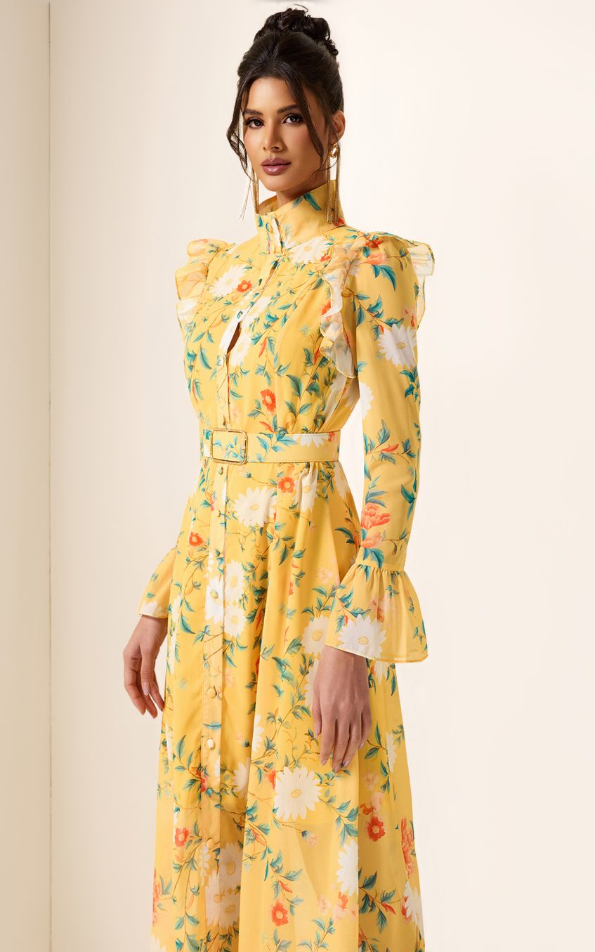 Floral Frill Butterfly Sleeve Midi Dress With Belt