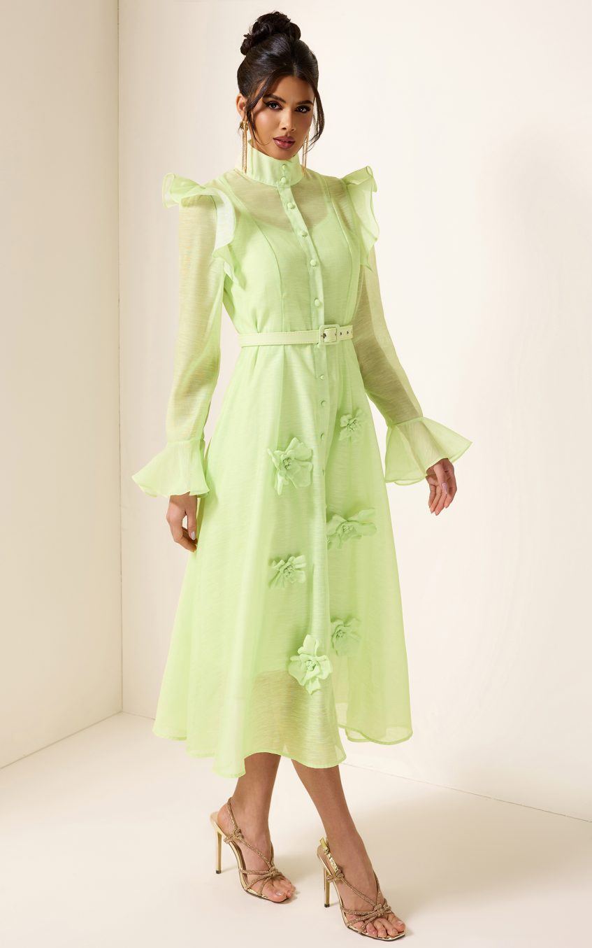 Solid 3D Floral Frill Midi Dress