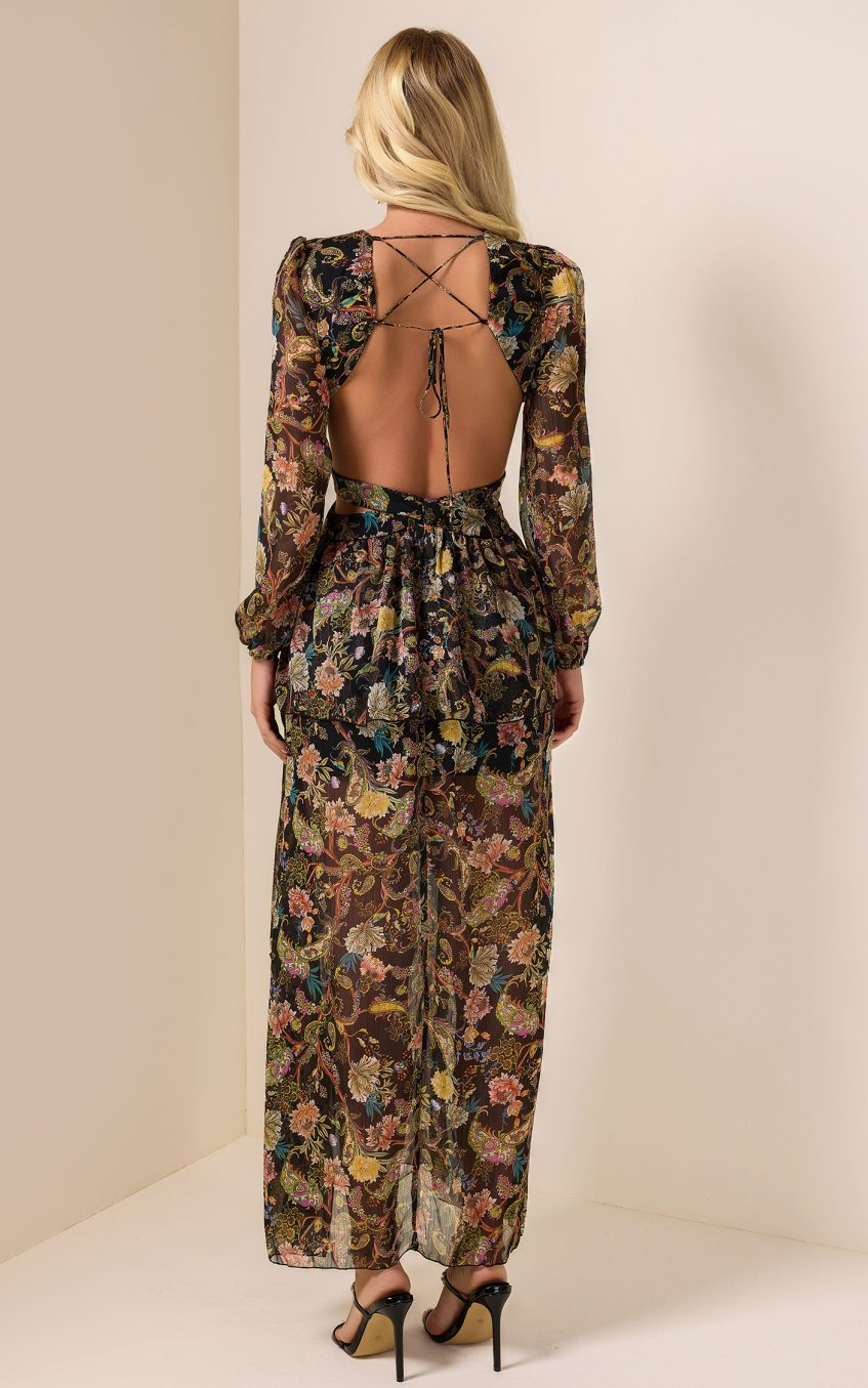 Chiffon Paisley Print Long Sleeve Midi Dress