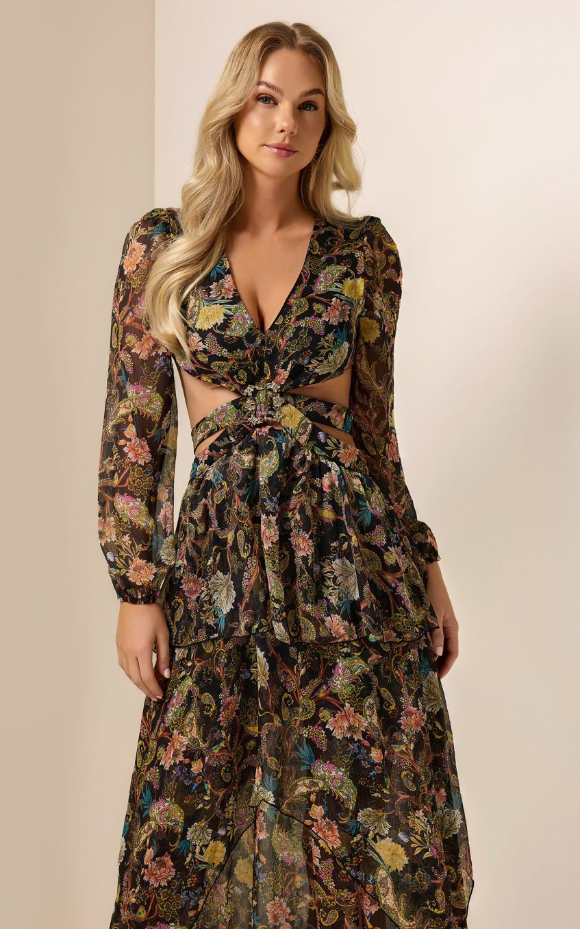 Chiffon Paisley Print Long Sleeve Midi Dress