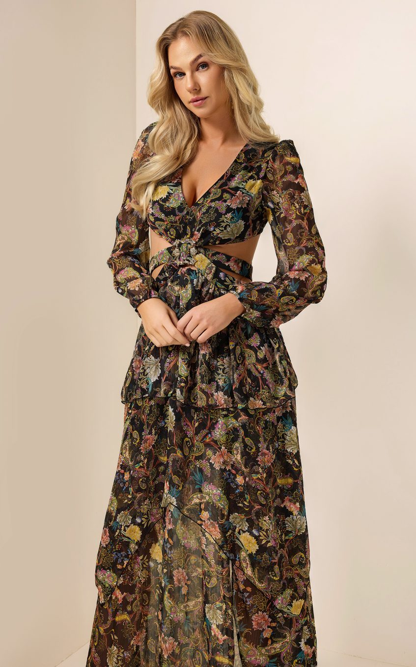 Chiffon Paisley Print Long Sleeve Midi Dress