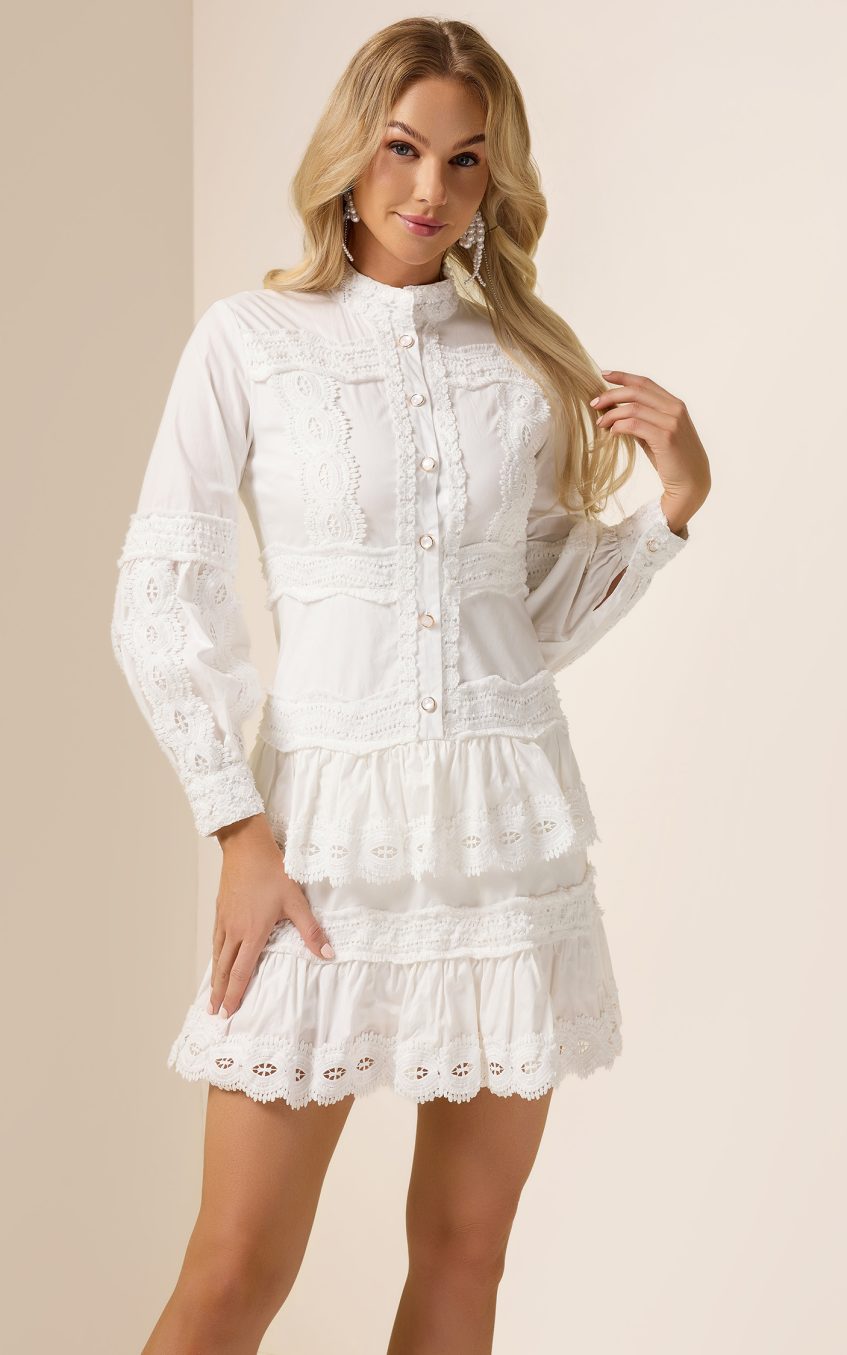 Solid Lace Ruffle Lantern Sleeve Mini Dress
